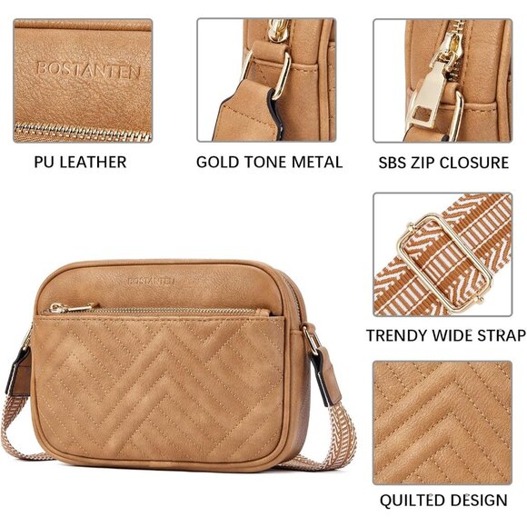 Women Camel Brown Imported Vegan Leather Quilted Shoulder Crossbody Handbags - Picture 4 of 6